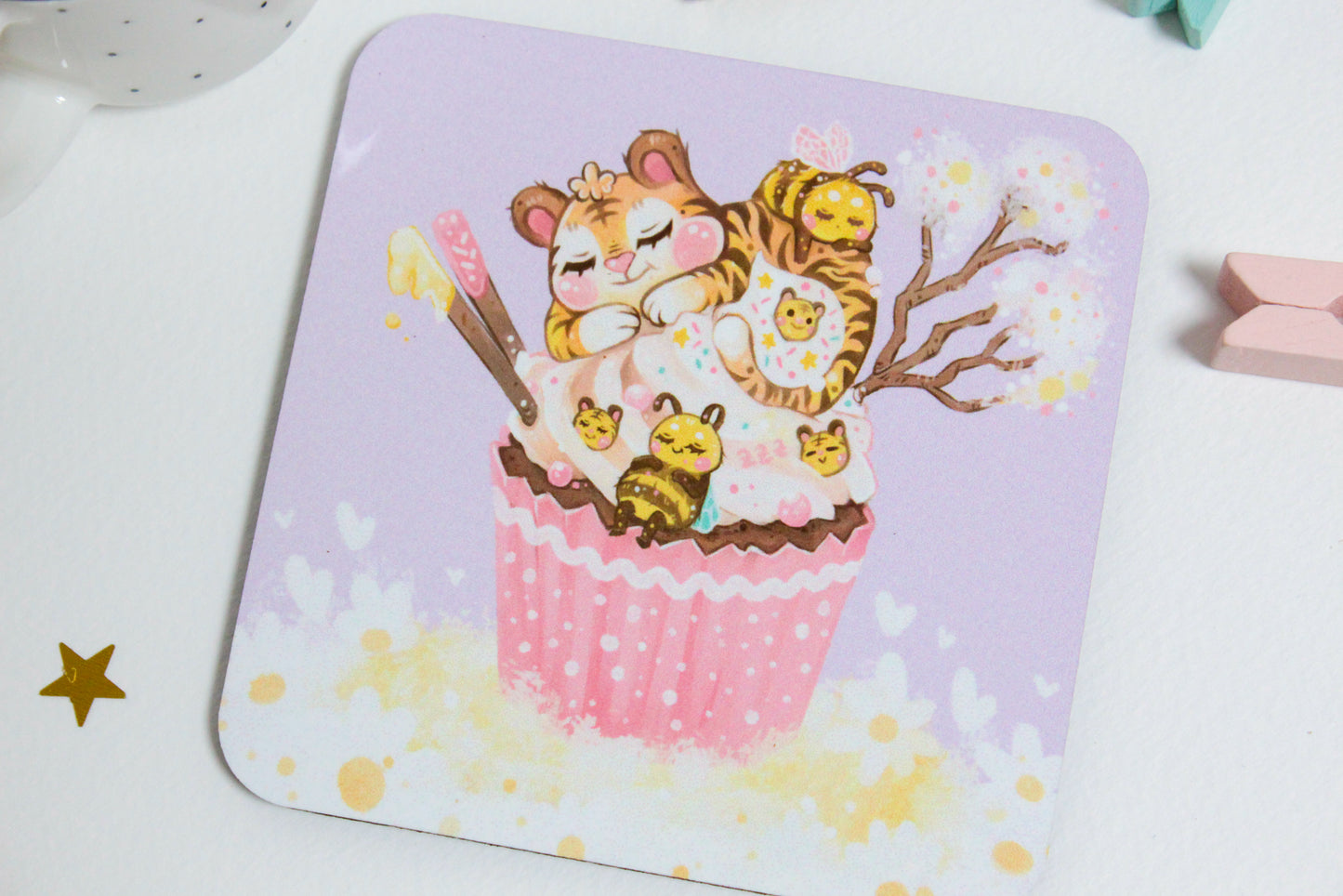 Cute Tiger on a Cupcake with his Bee Friends - Coaster -  Square