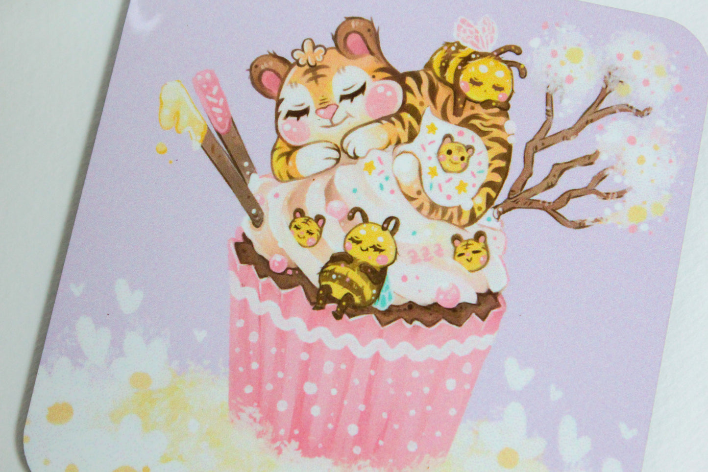 Cute Tiger on a Cupcake with his Bee Friends - Coaster -  Square