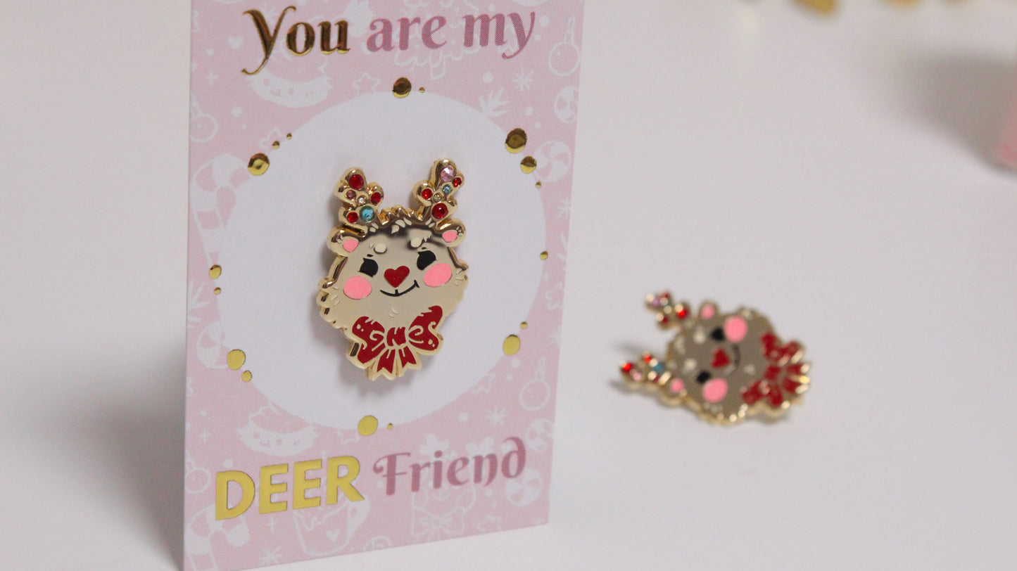 Reindeer enamel pin - Gold with colorful rhinestones - For a bright Christmas Party