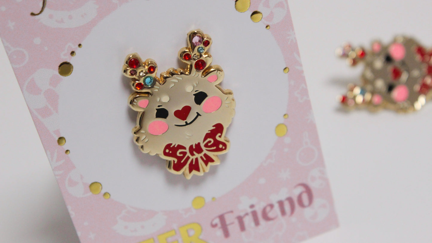 Reindeer enamel pin - Gold with colorful rhinestones - For a bright Christmas Party