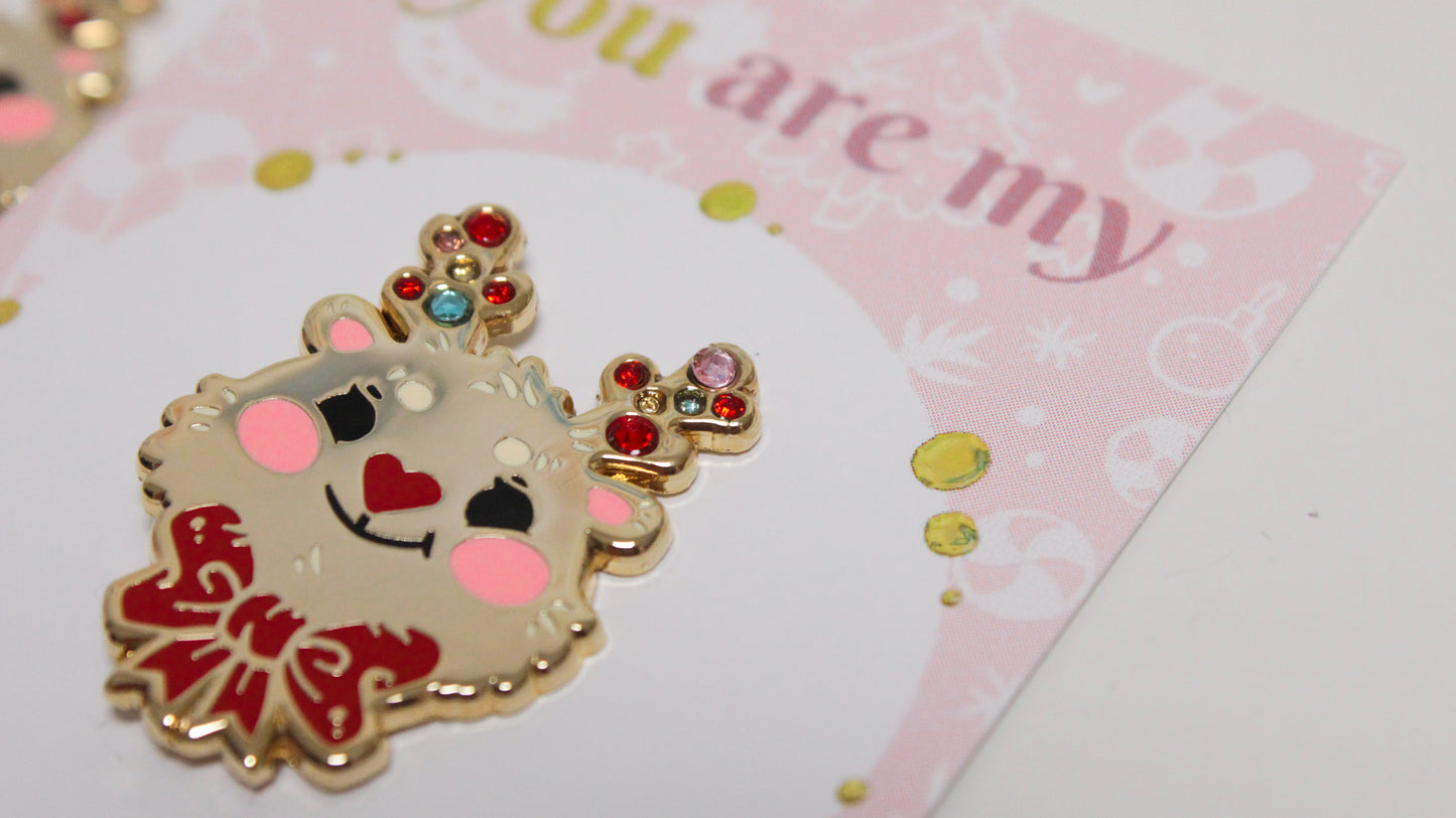 Reindeer enamel pin - Gold with colorful rhinestones - For a bright Christmas Party