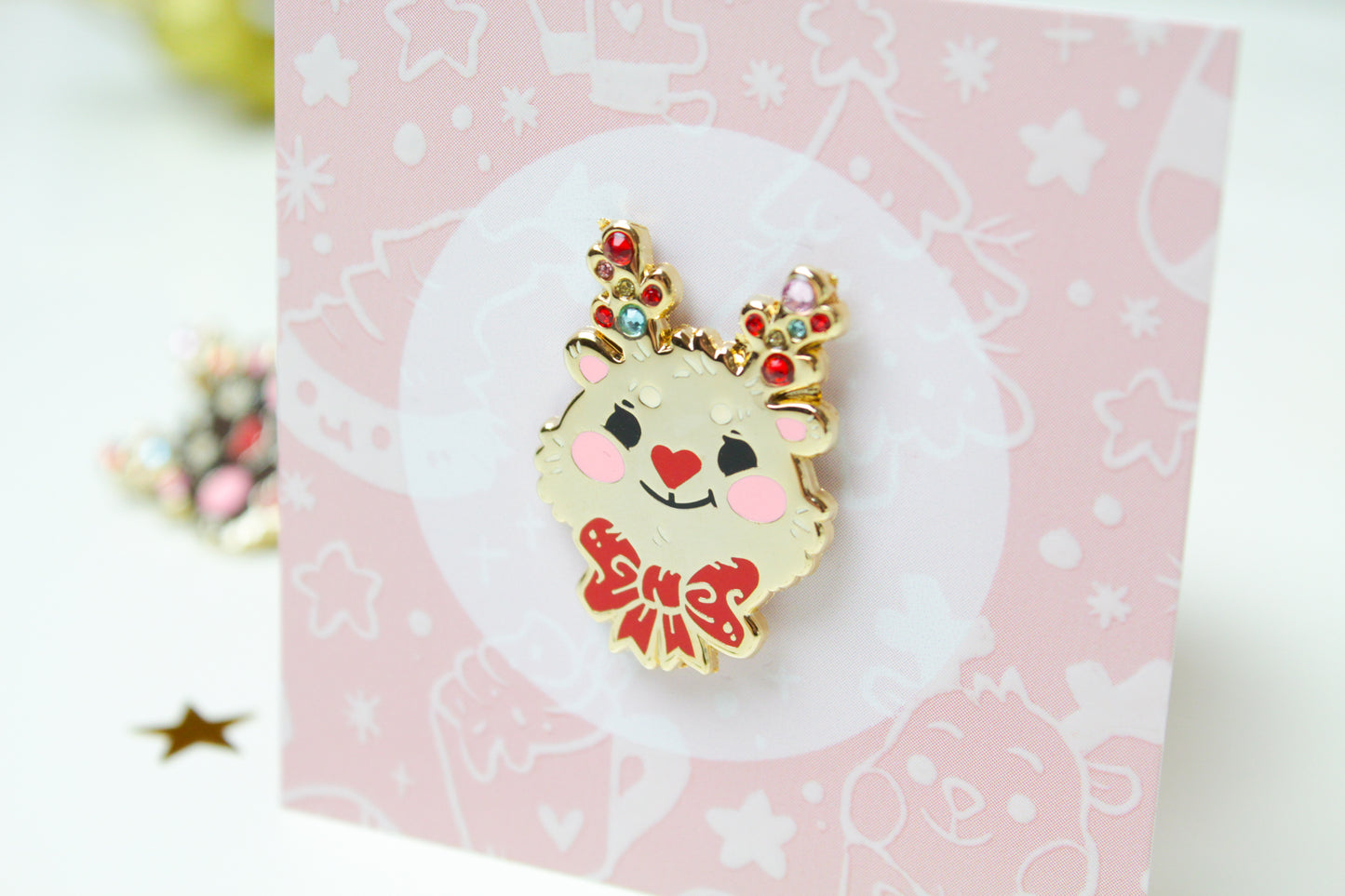 Reindeer enamel pin - Gold with colorful rhinestones - For a bright Christmas