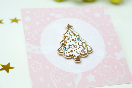 Christmas tree enamel pin - Gold and white with colorful rhinestones - For a bright Christmas