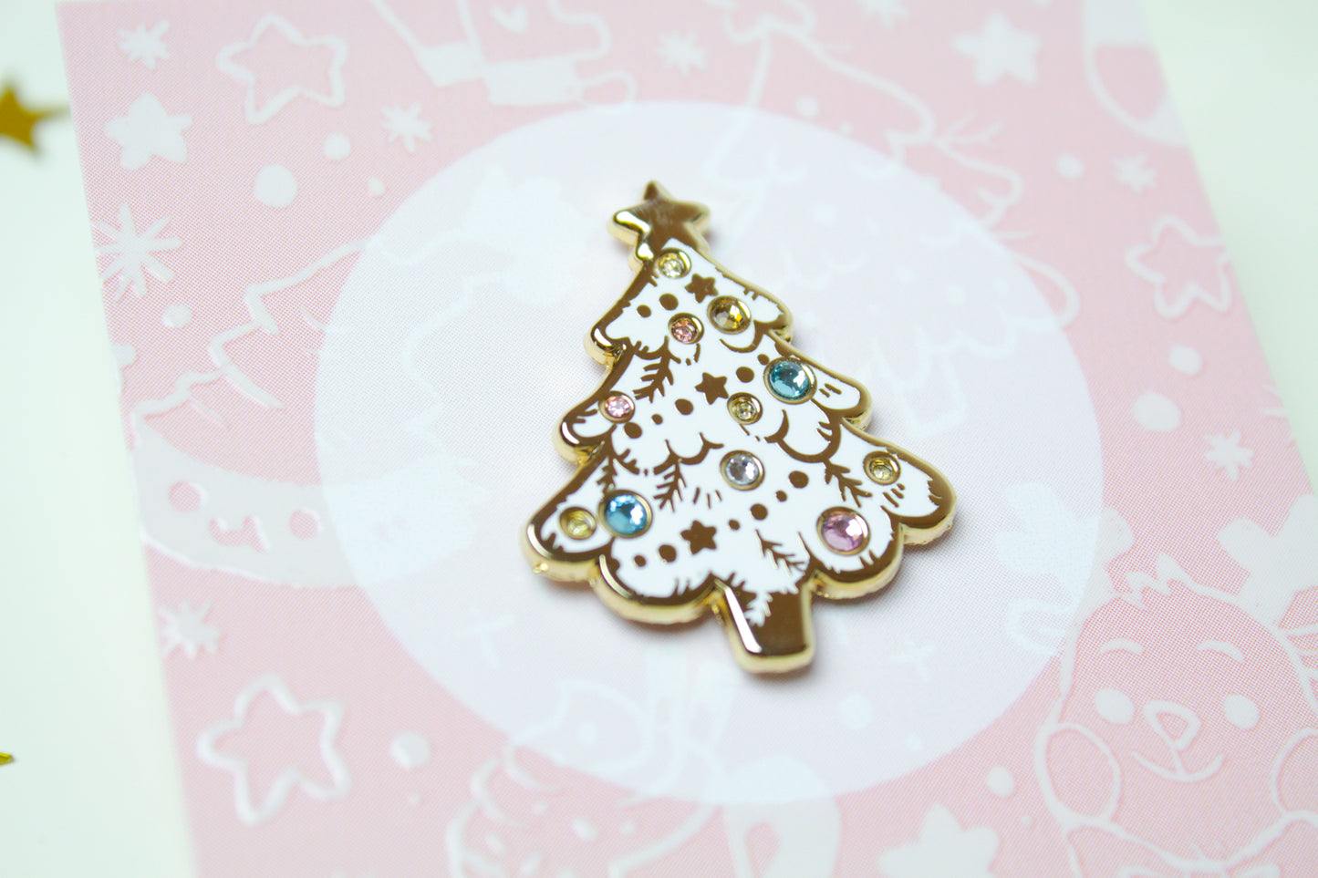 Christmas tree enamel pin - Gold and white with colorful rhinestones - For a bright Christmas