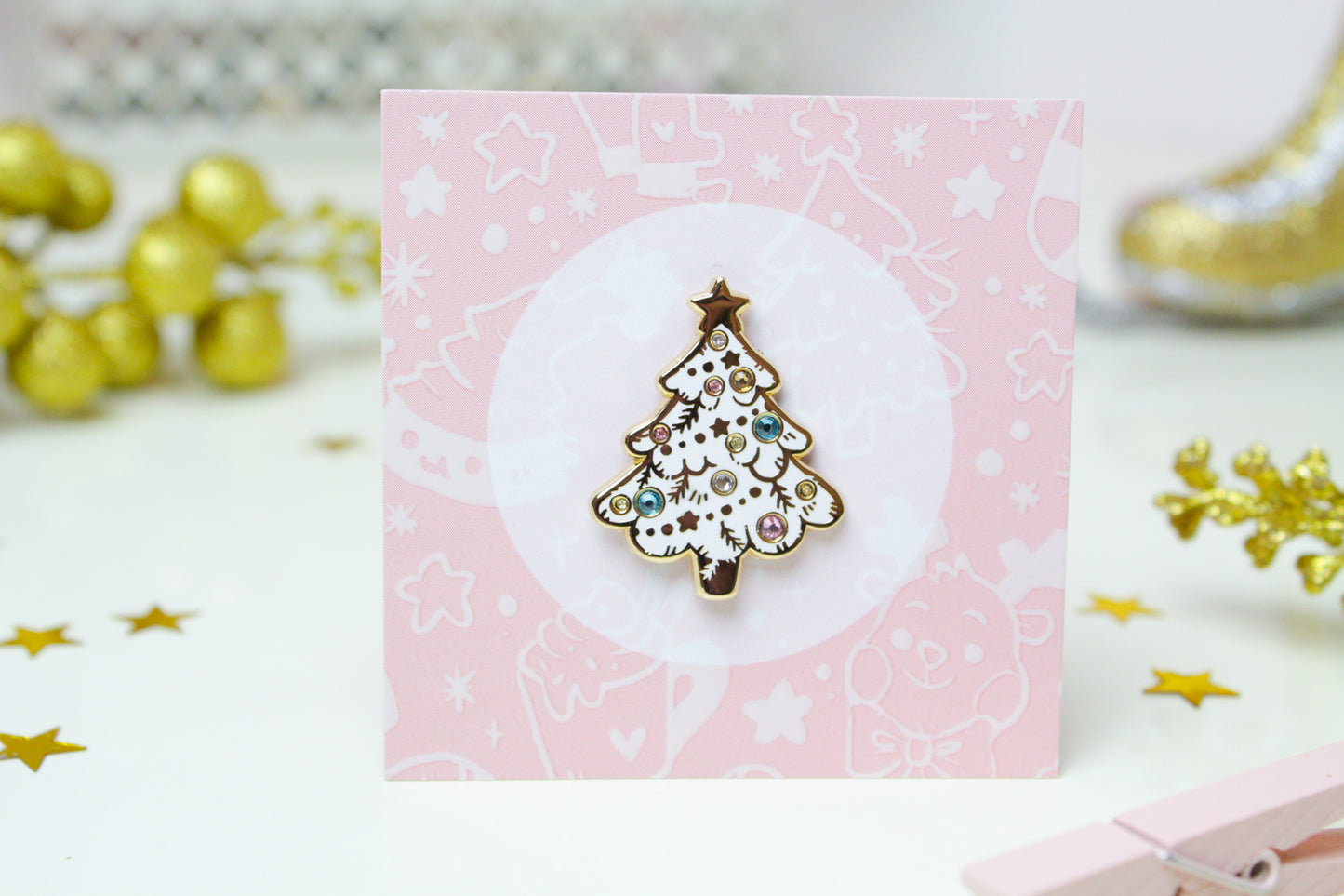 Christmas tree enamel pin - Gold and white with colorful rhinestones - For a bright Christmas