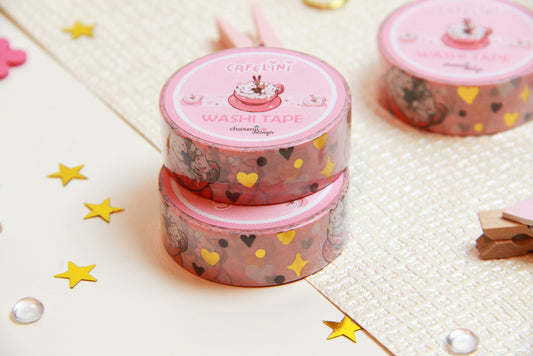 Pink Cafelini Washi Tape with golden hearts - Cute Cappuccino Cats