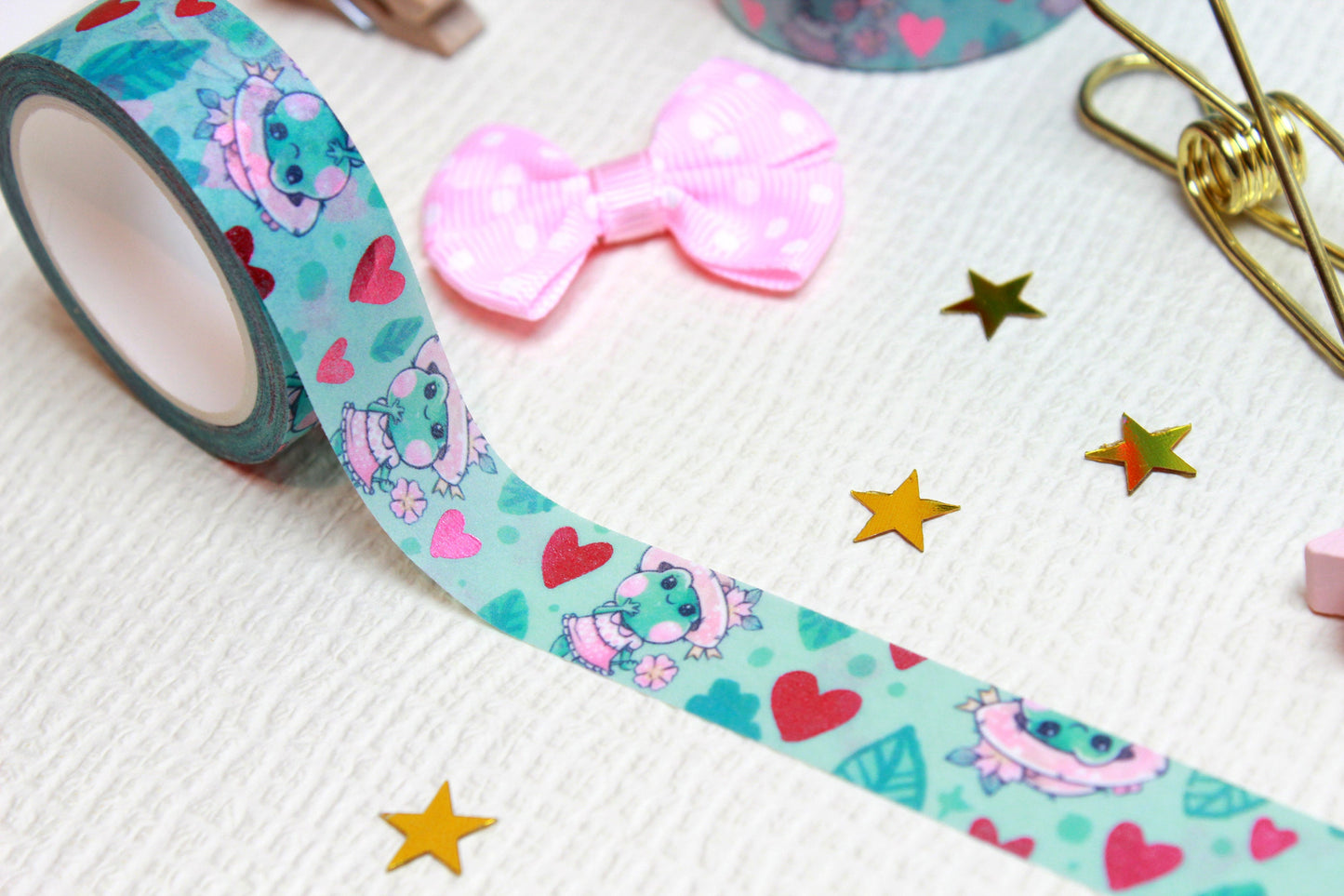 Green "Quakie the frog" Washi Tape with pink metal hearts