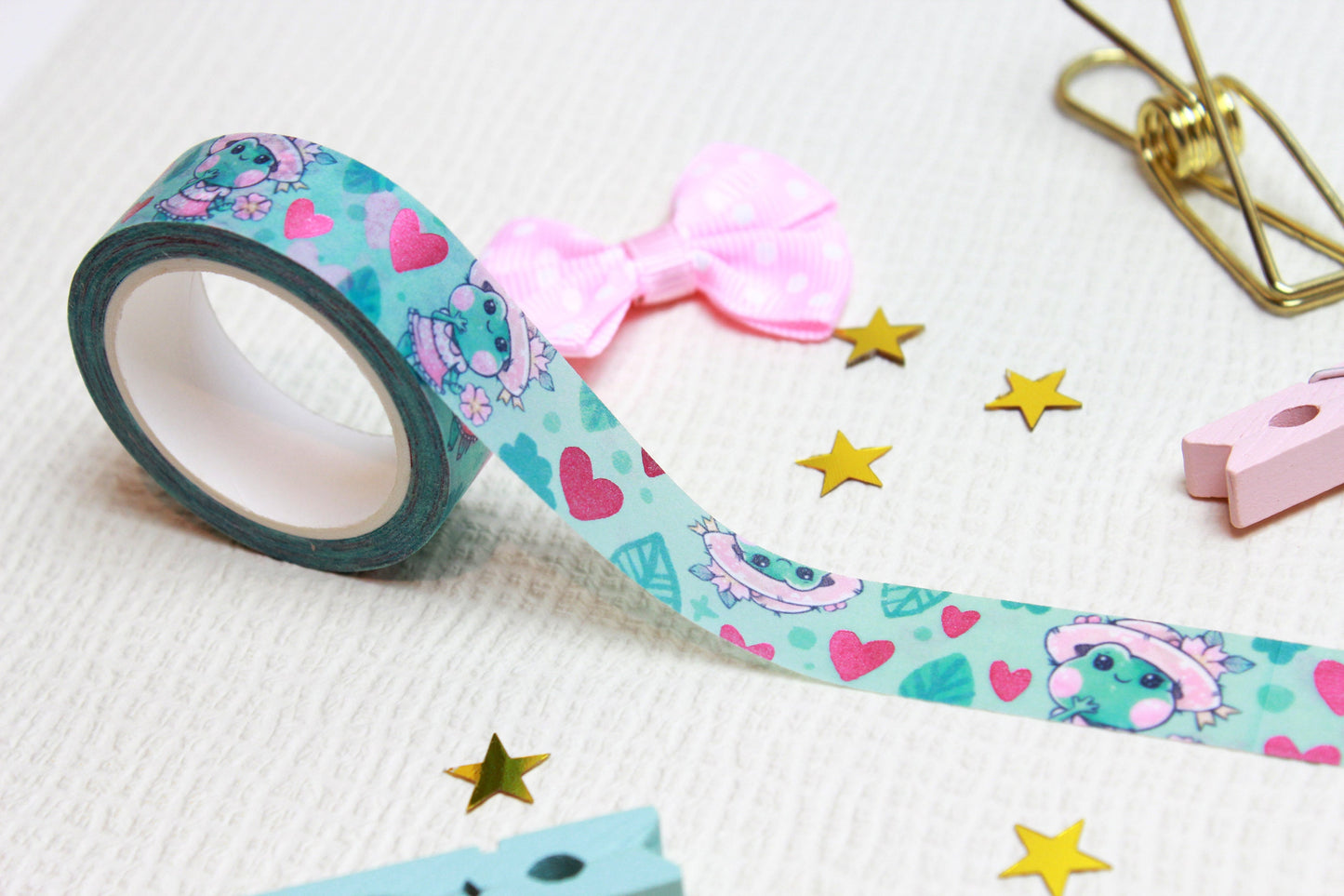 Green "Quakie the frog" Washi Tape with pink metal hearts