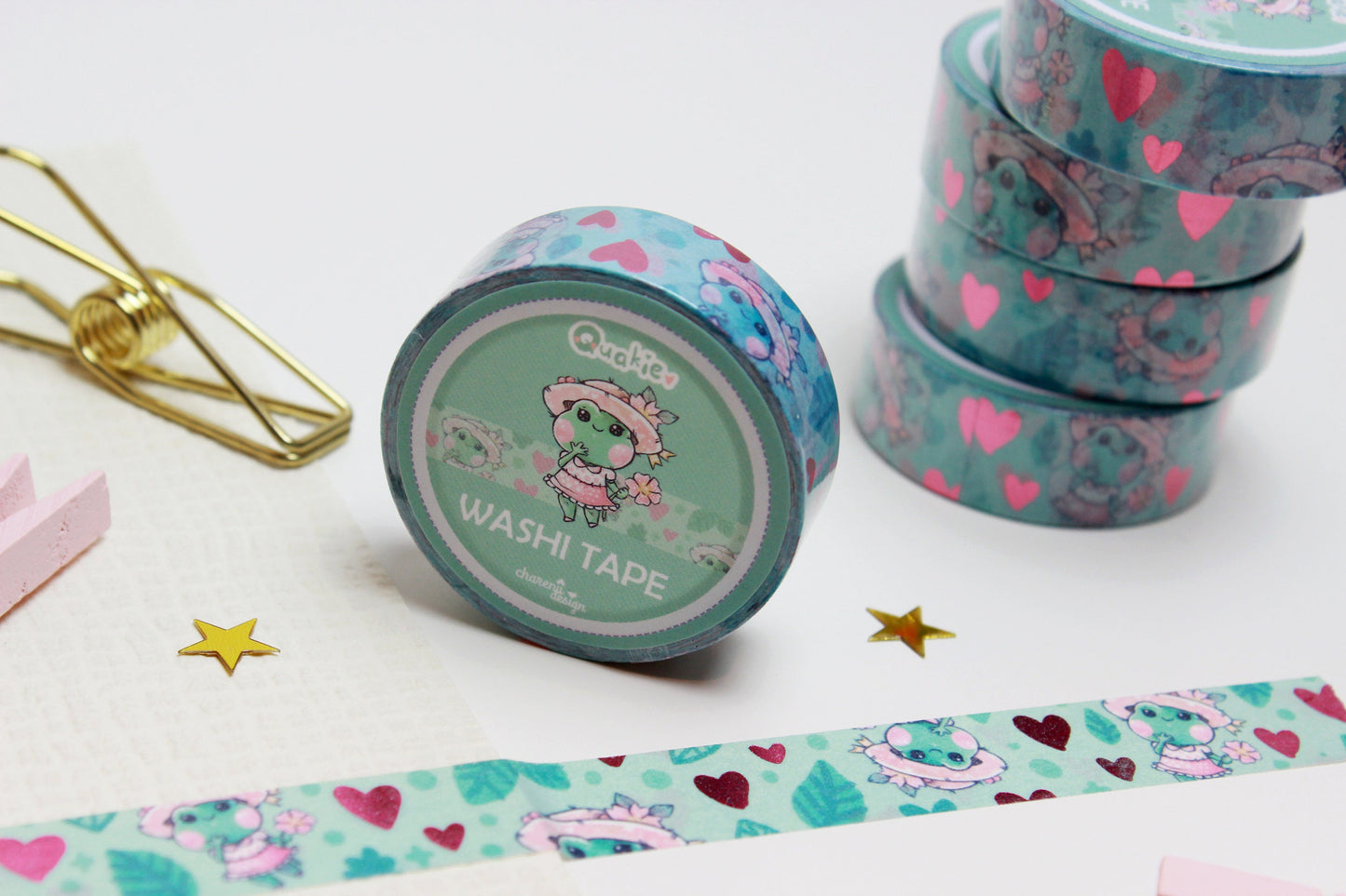 Green "Quakie the frog" Washi Tape with pink metal hearts