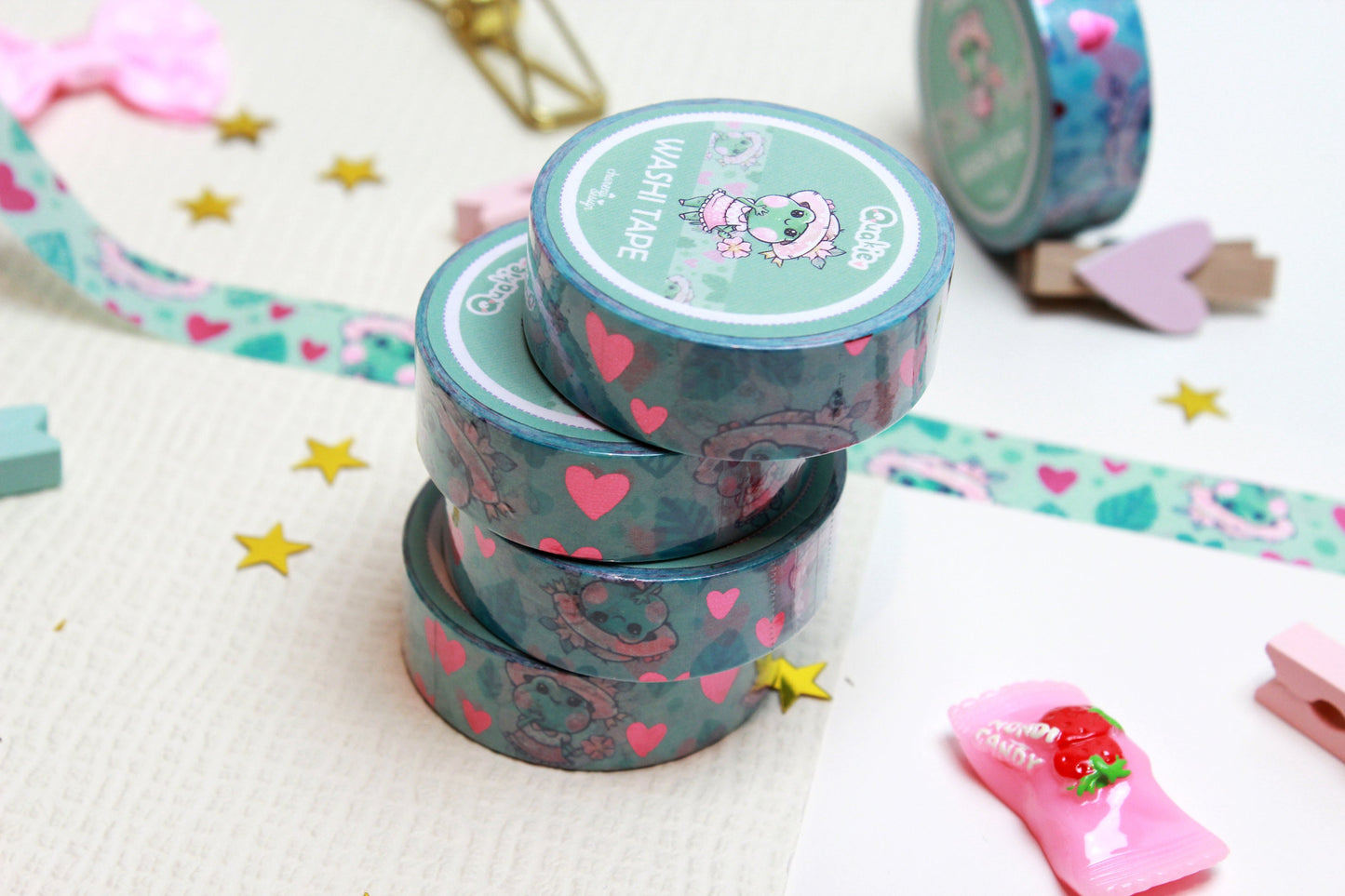 Green "Quakie the frog" Washi Tape with pink metal hearts