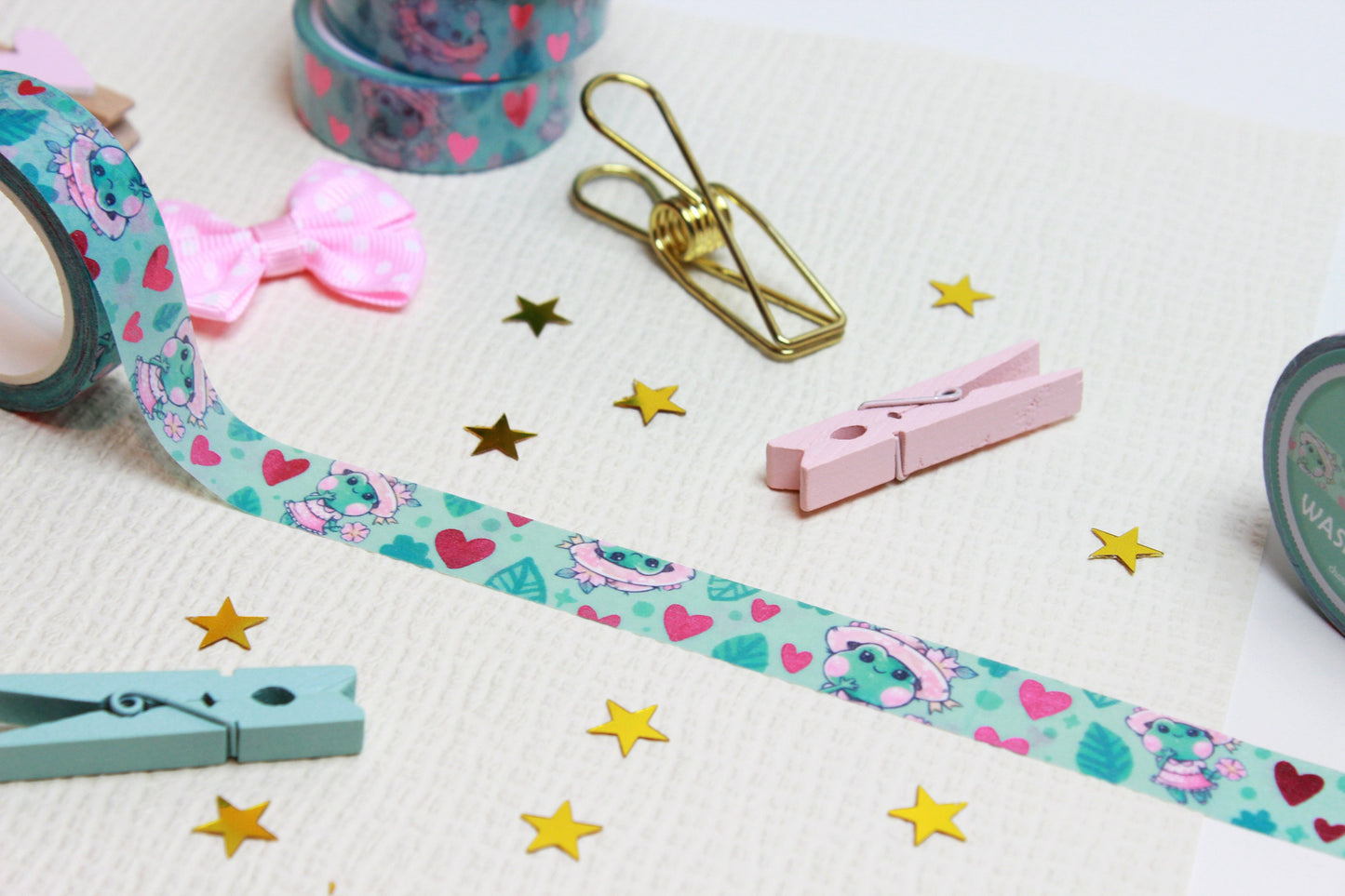 Green "Quakie the frog" Washi Tape with pink metal hearts