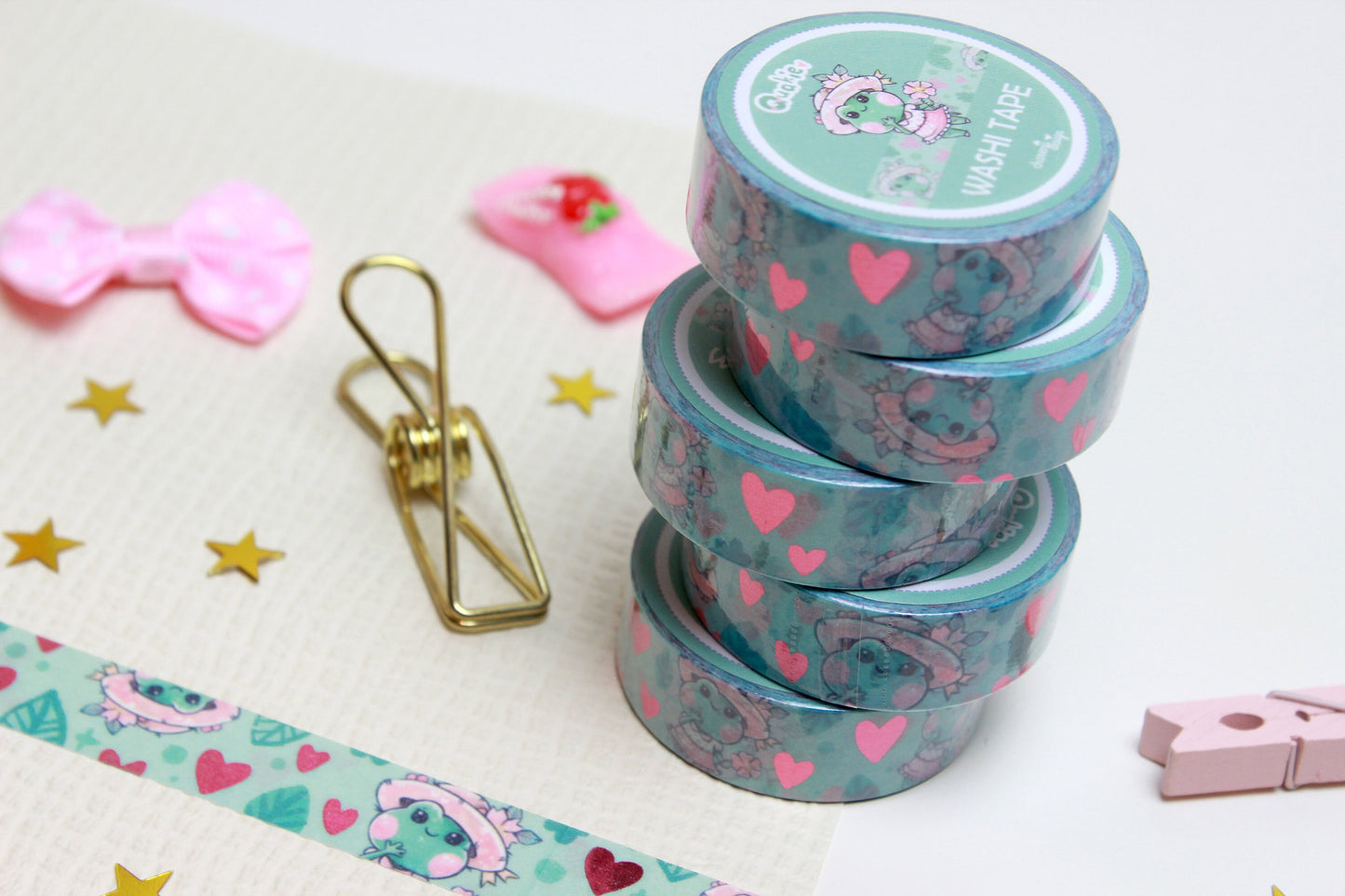 Green "Quakie the frog" Washi Tape with pink metal hearts