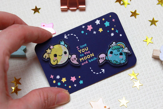 Cute gift - Moonie and Earth - I love you to the moon and back - Acrylic Pins set - 2 pcs.