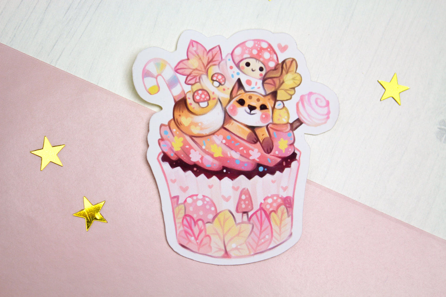 Autumn Cupcake with Baby Fox - Paper or Vinyl STICKER