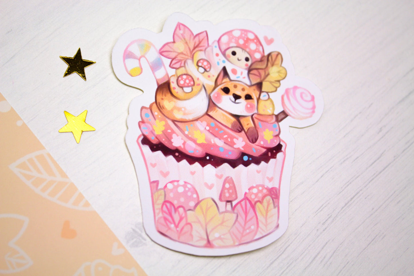 Autumn Cupcake with Baby Fox - Paper or Vinyl STICKER