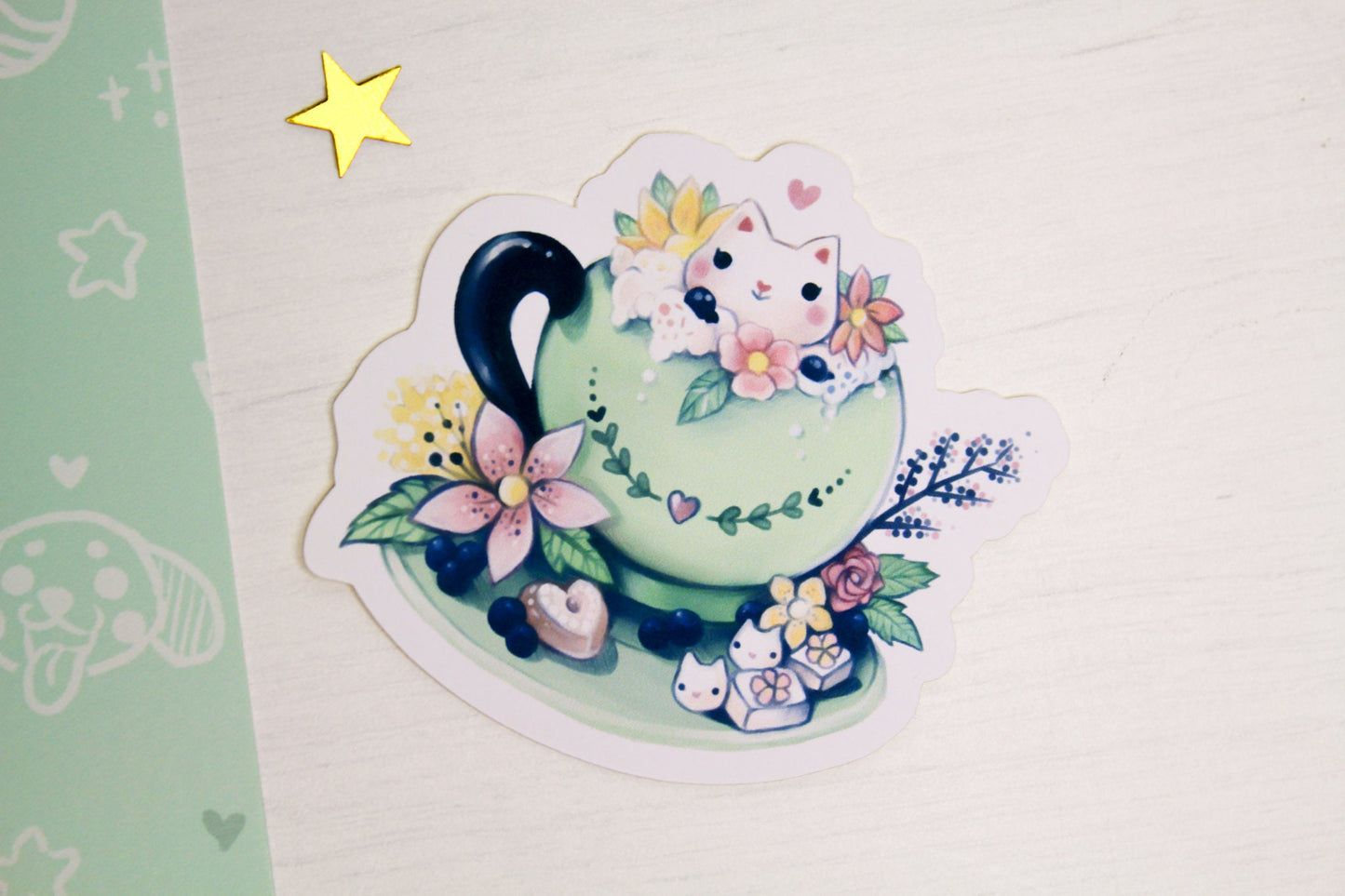 Spring Cafelini - Matcha Latte -  Cute, foamy cappuccino cats - PAPER or VINYL Sticker