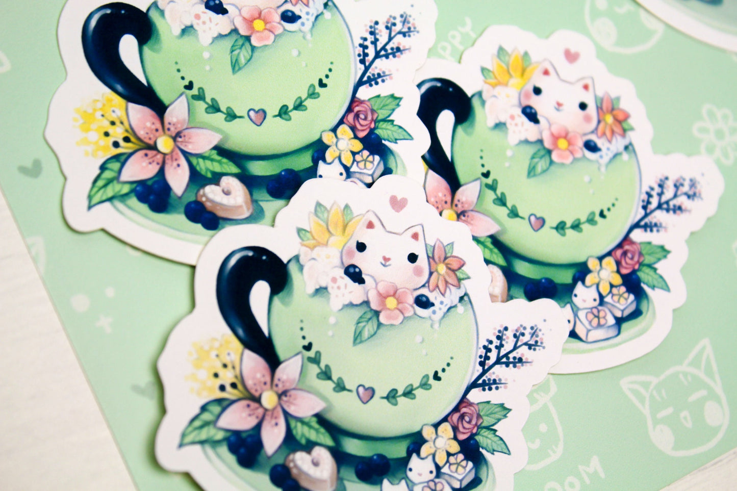 Spring Cafelini - Matcha Latte -  Cute, foamy cappuccino cats - PAPER or VINYL Sticker