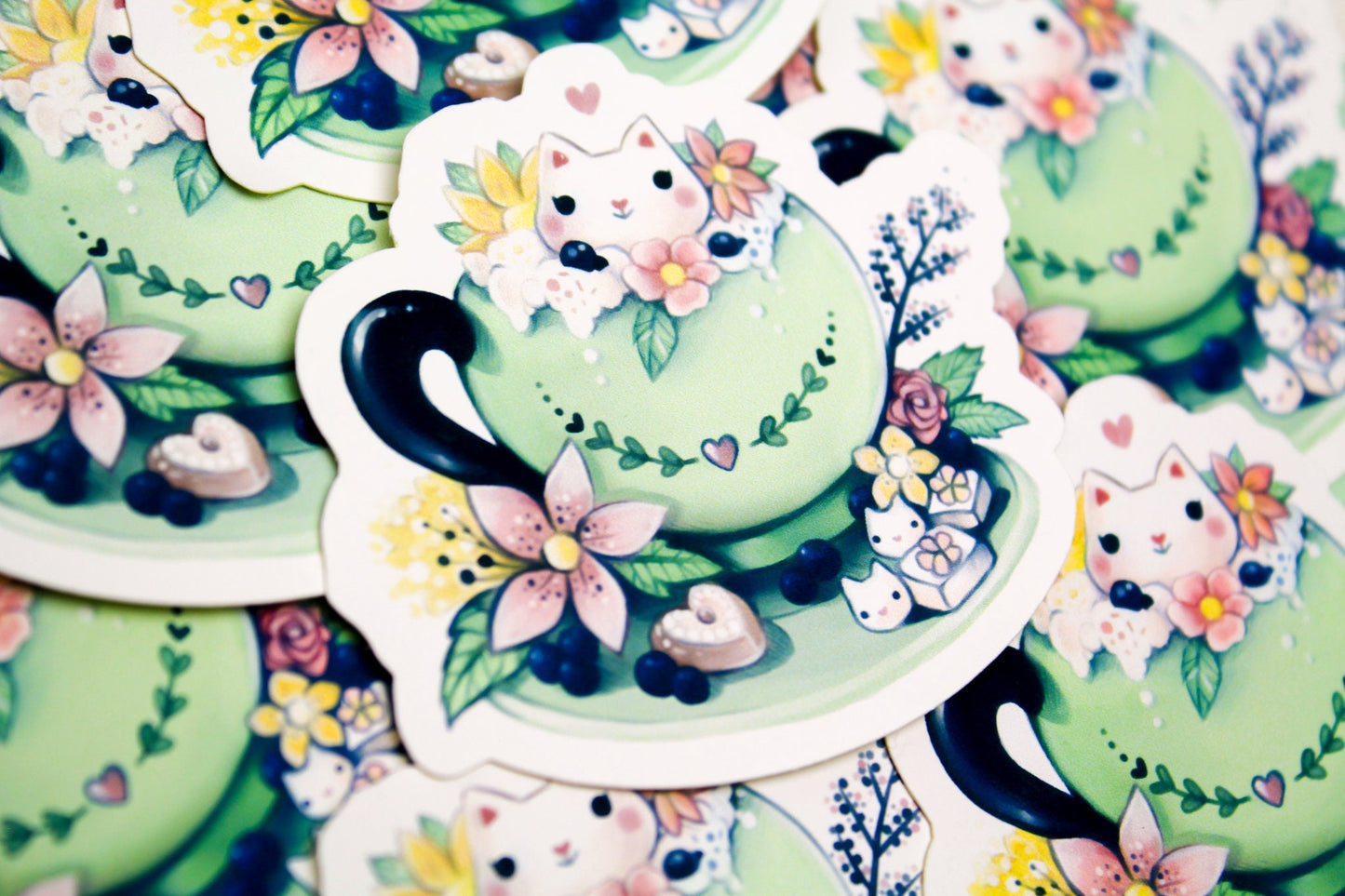 Spring Cafelini - Matcha Latte -  Cute, foamy cappuccino cats - PAPER or VINYL Sticker