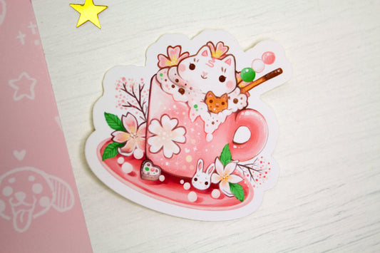 Spring Cafelini - Sakura Latte -  Cute, foamy cappuccino cats - PAPER or VINYL Sticker