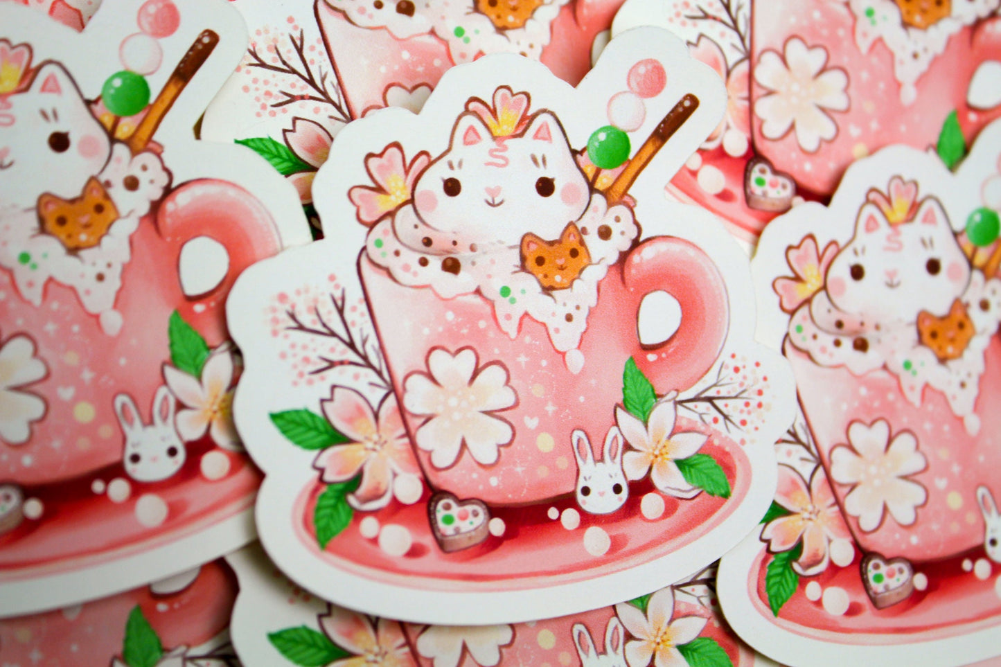 Spring Cafelini - Sakura Latte -  Cute, foamy cappuccino cats - PAPER or VINYL Sticker