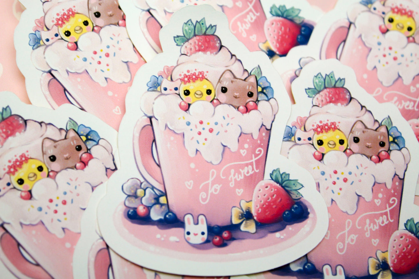 Spring Cafelini - Strawberry Latte -  Cute, foamy cappuccino cats - PAPER or VINYL Sticker