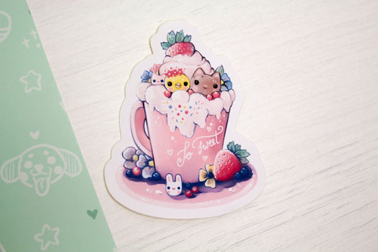 Spring Cafelini - Strawberry Latte -  Cute, foamy cappuccino cats - PAPER or VINYL Sticker
