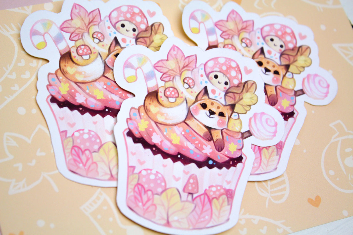 Autumn Cupcake with Baby Fox - Paper or Vinyl STICKER