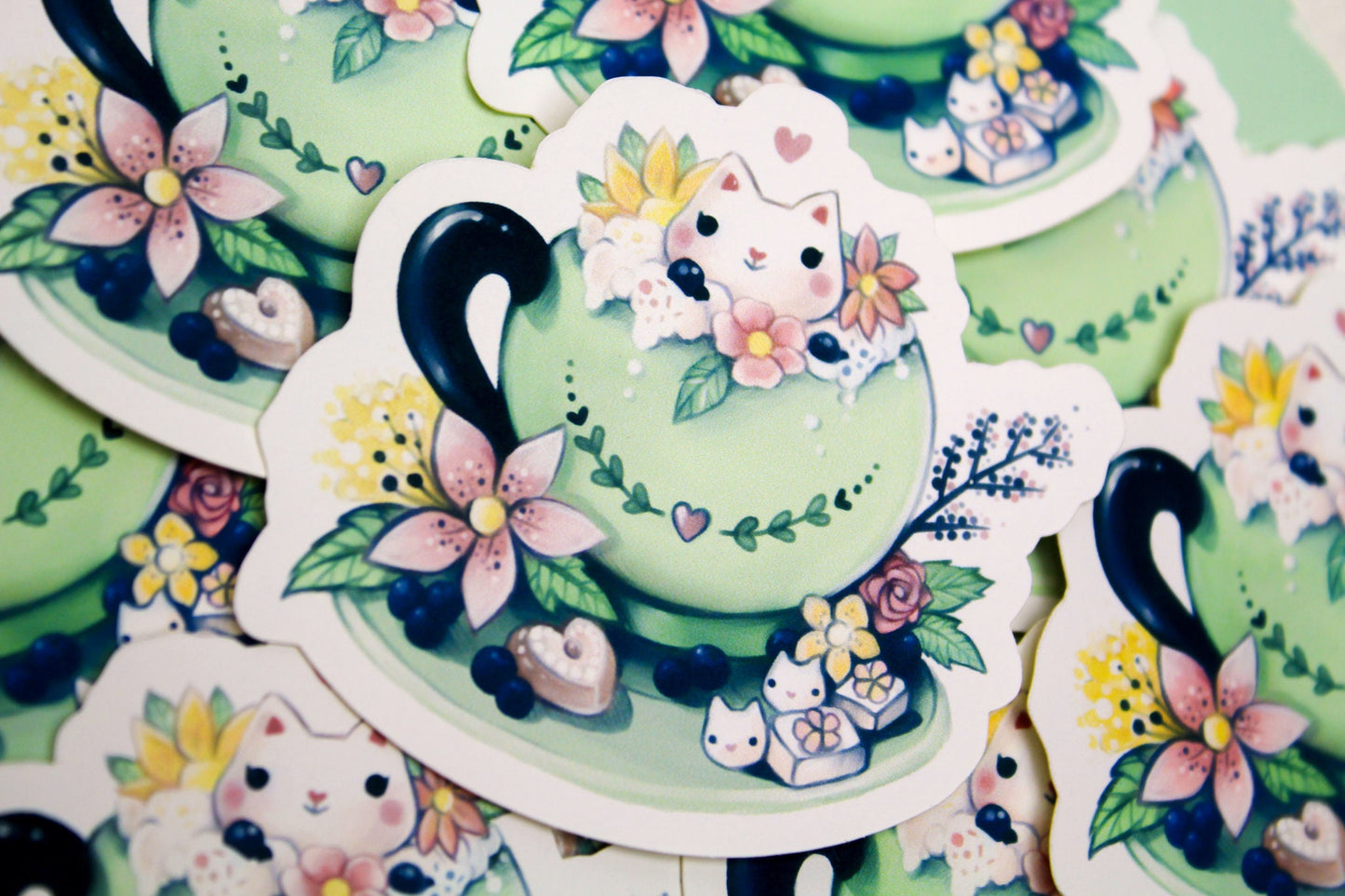 Spring Cafelini - Matcha Latte -  Cute, foamy cappuccino cats - PAPER or VINYL Sticker