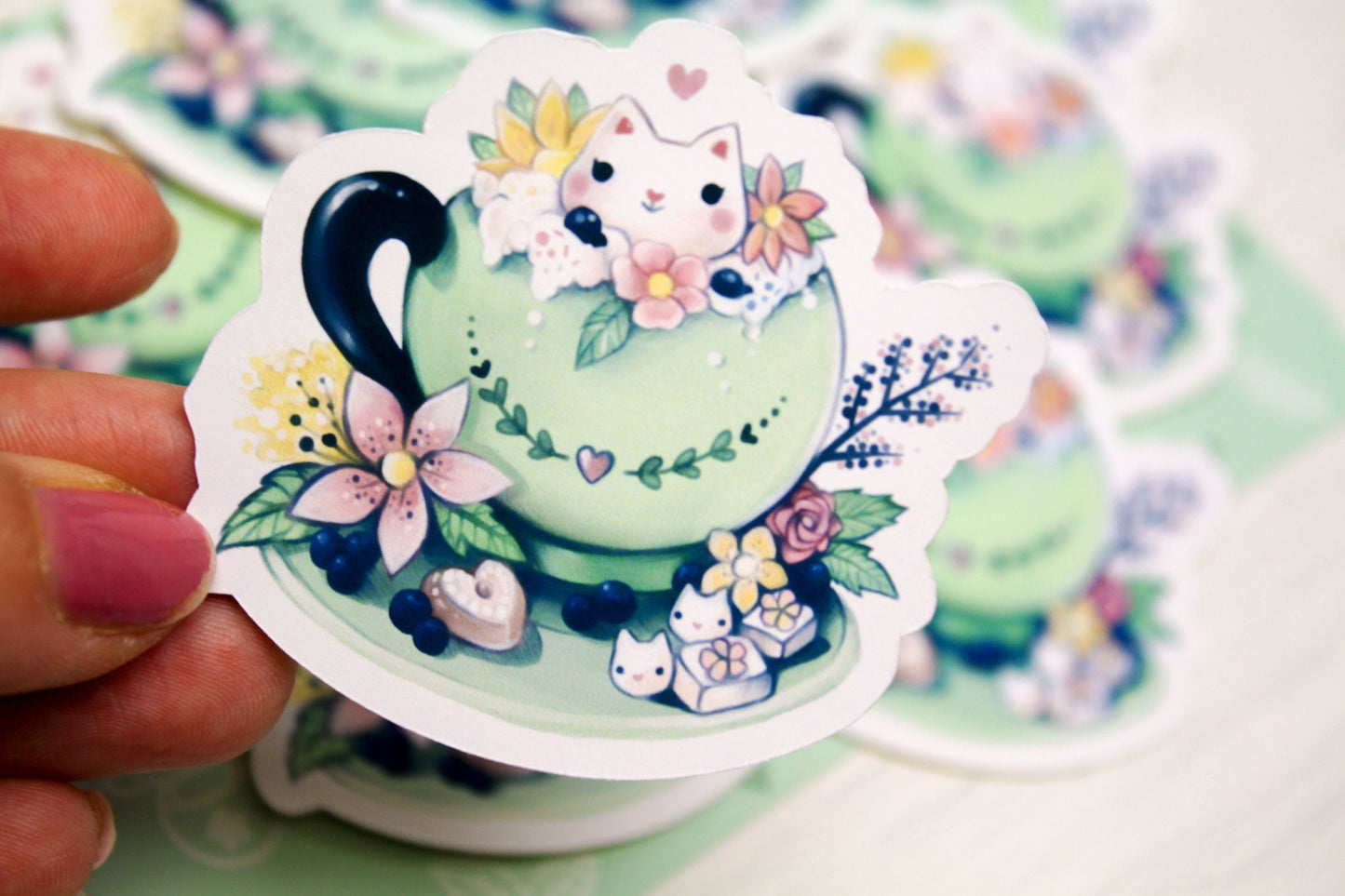 Spring Cafelini - Matcha Latte -  Cute, foamy cappuccino cats - PAPER or VINYL Sticker