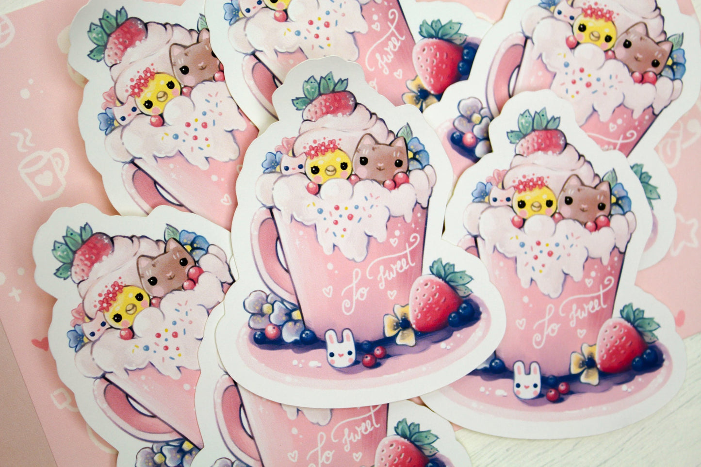 Spring Cafelini - Strawberry Latte -  Cute, foamy cappuccino cats - PAPER or VINYL Sticker