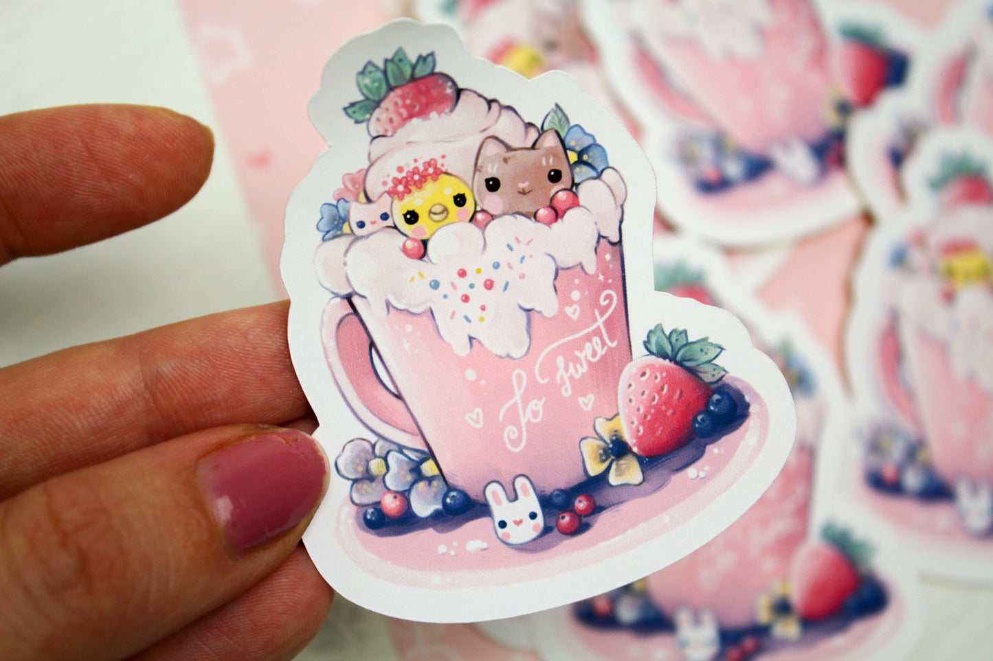 Spring Cafelini - Strawberry Latte -  Cute, foamy cappuccino cats - PAPER or VINYL Sticker